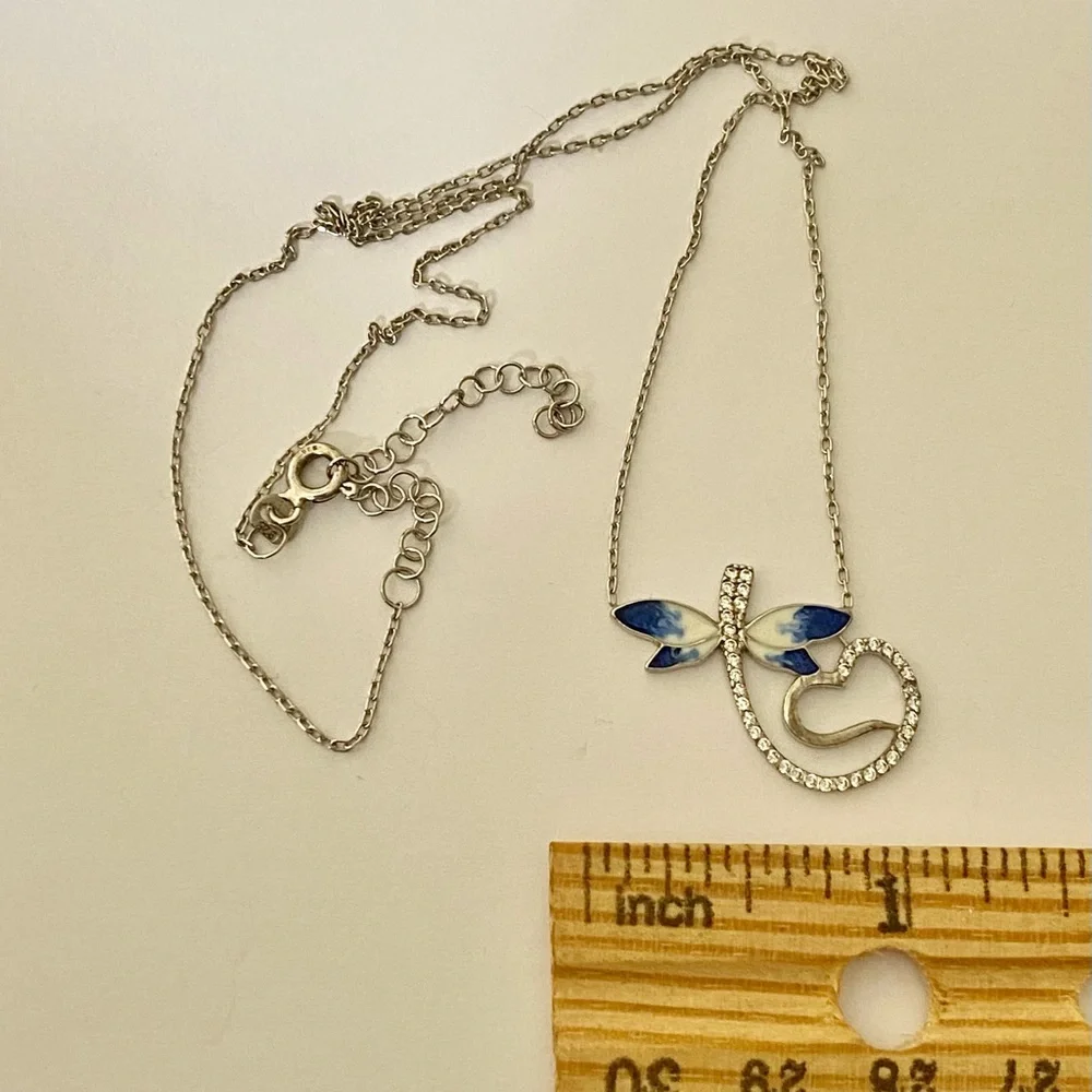 925 Silver dragonfly heart necklace blue / white enamel cubic zirconia cz stones